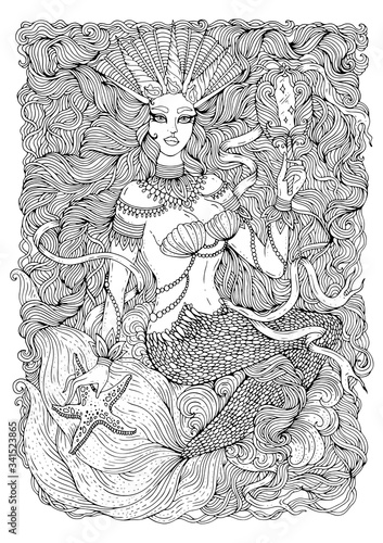 Vector drawing fantastic sea mermaid with developing long wavy hair. Sea Queen with a crown holds a patterned magic mirror.  Ornamental decorated graphic illustration Fairy tale mythical characters. 