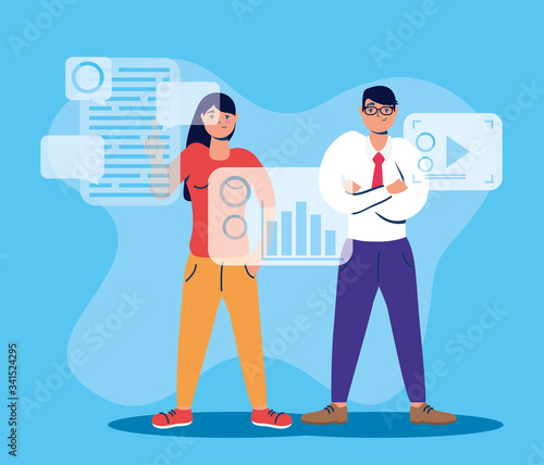 couple using technology characters icon