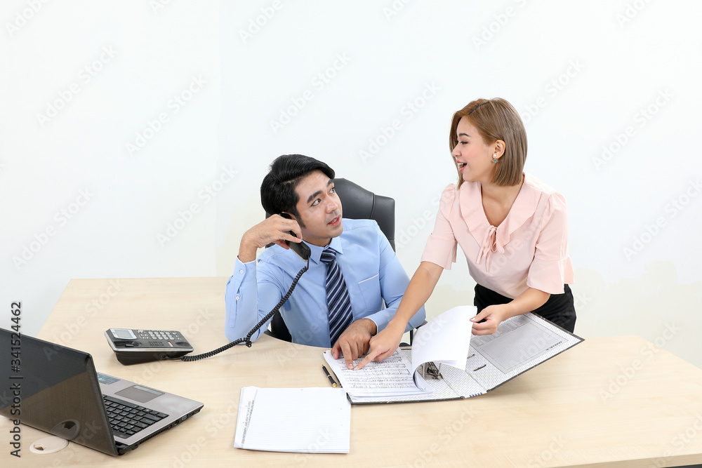 Asian young man woman malay chinese office confident happy sit stand phone talk show see document file folder Asian young man woman malay chinese office confident happy sit stand phone talk show see document file folder