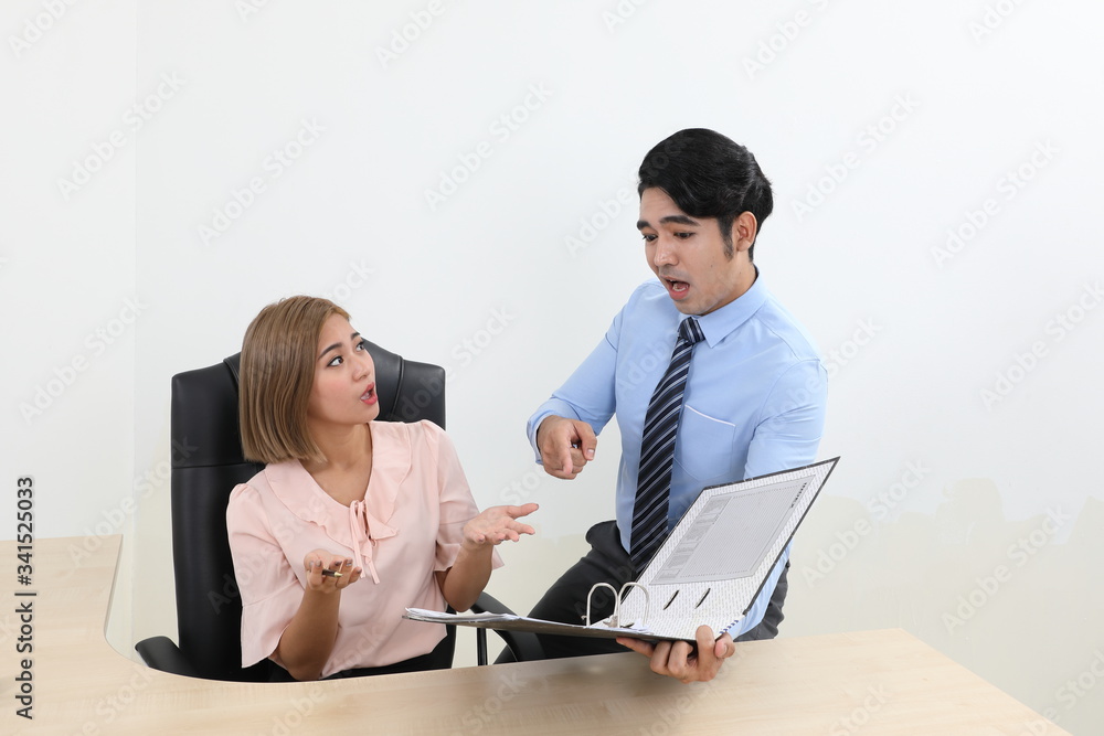 Asian young man woman malay chinese office confident happy sit stand talk discuss show point see document file folder happy exited Asian young man woman malay chinese office confident happy sit stand talk discuss show point see document file folder happy exited