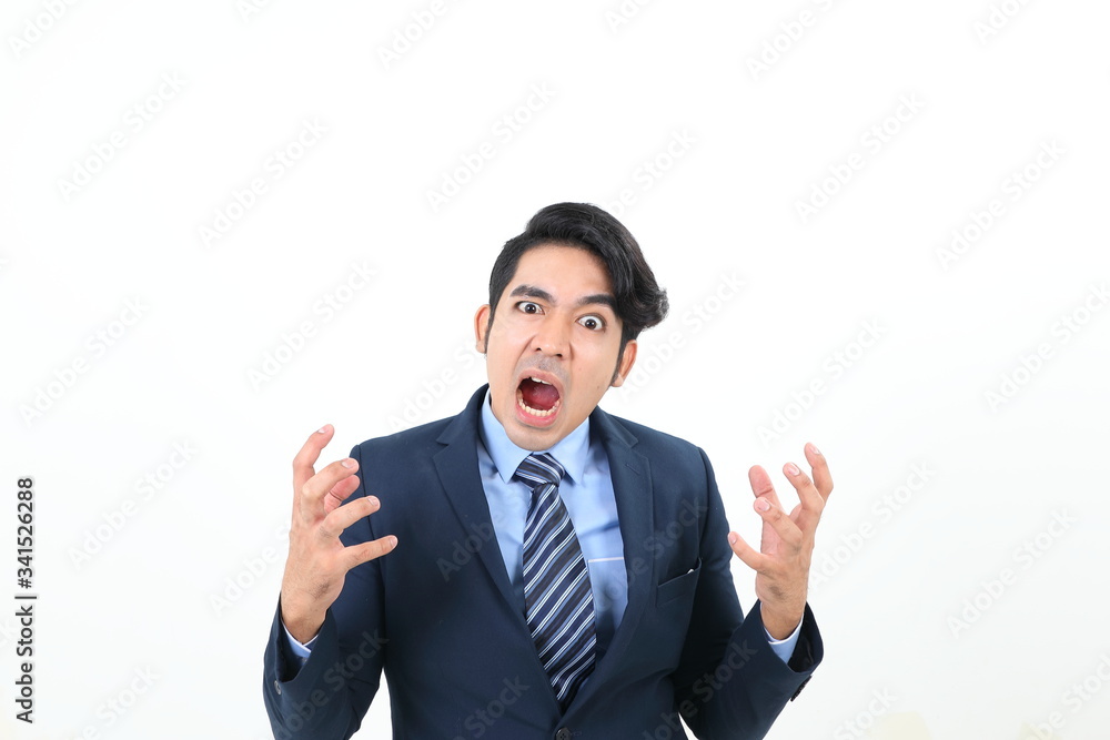 South east Asian Malay Man facial expression angry upset shocked mouth open hands look at camera South east Asian Malay Man facial expression angry upset shocked mouth open hands look at camera