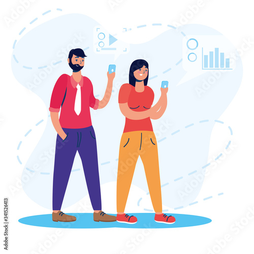 couple using smartphones technology characters