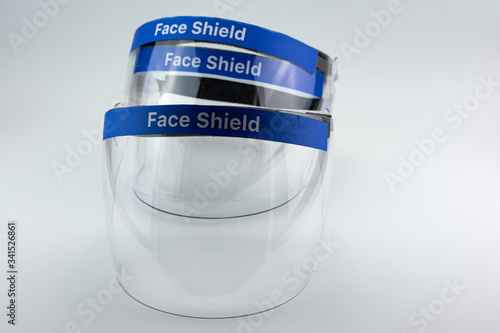 Medical face shield, transparent plastic helmet.