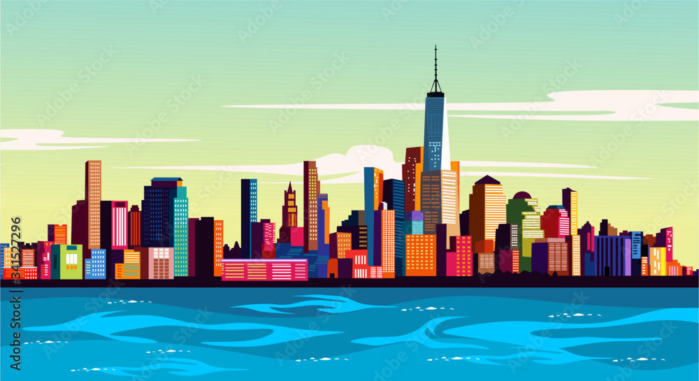city skyline and sea in pop art style Stock Vector | Adobe Stock