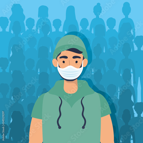 young man using face mask character