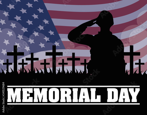Memorial Day with usa flag and soldier silhouette in cemetery