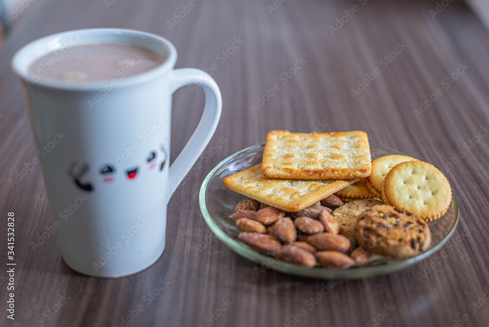 Breakfast, almond cookies, milk, ready to eat in the morning Breakfast, almond cookies, milk, ready to eat in the morning