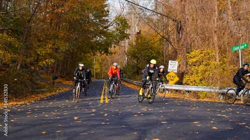 Cyclists riding on a fall lined road © Tatiana