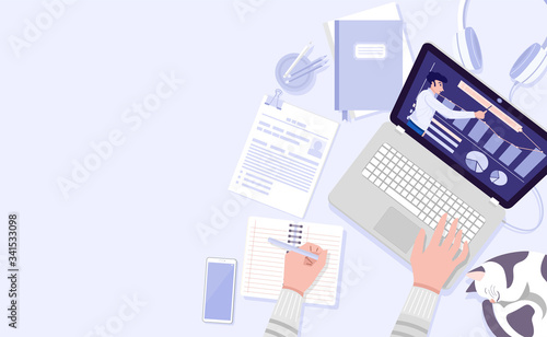 Online education, Illustration of a man having video conference at home. Vector