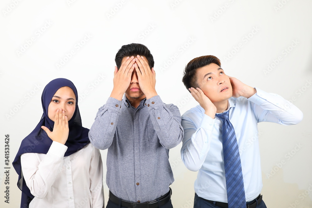 South east Asian Malay Chinese Man Woman facial expression stand do not see hear talk speak South east Asian Malay Chinese Man Woman facial expression stand do not see hear talk speak
