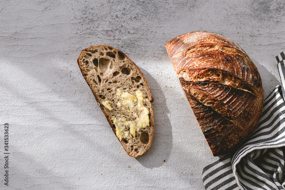 Authentic sourdough bread. Leavened bread. Sourdough starter. Whole