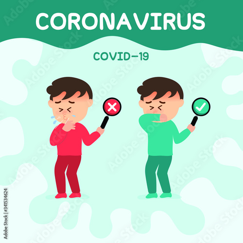Man use elbow cover mouth before sneeze and don't do. color speech bubble like do and don't. people wearing a surgical mask for prevent corona virus.