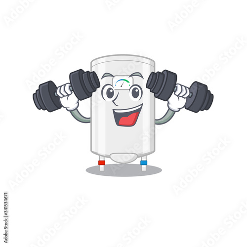 Mascot design of smiling Fitness exercise gas water heater lift up barbells