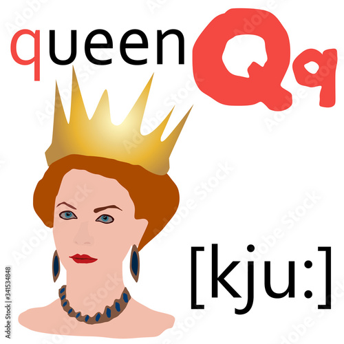 English alphabet with letters and picture of the queen