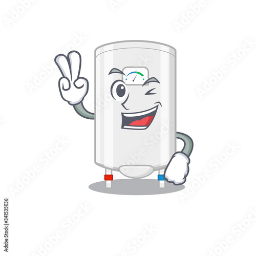 Happy gas water heater cartoon design concept with two fingers