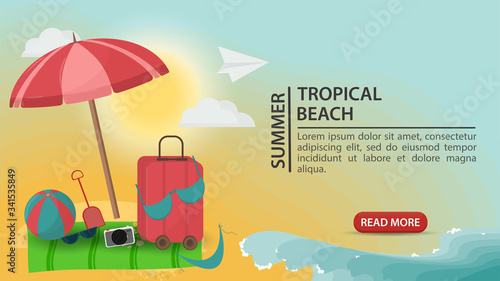 banner advertising summer vacation suitcase with a swimsuit ball lying under an umbrella on a sandy beach for decoration design flat vector illustration