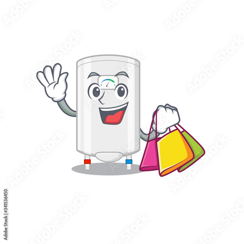 Rich and famous gas water heater cartoon character holding shopping bags