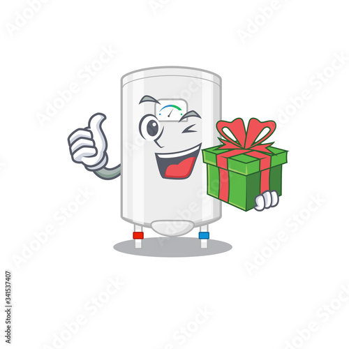 Smiling gas water heater cartoon character having a green gift box