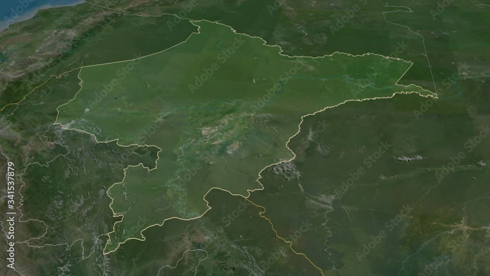 Loreto, region with its capital, zoomed and extruded on the satellite map of Peru in the conformal Stereographic projection. Animation 3D Loreto, region with its capital, zoomed and extruded on the satellite map of Peru in the conformal Stereographic projection. Animation 3D