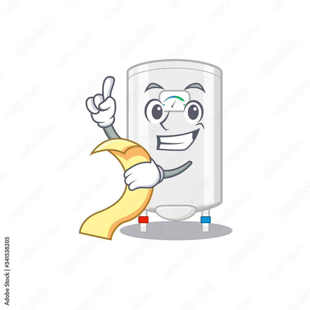 Gas water heater mascot character design with a menu on his hand