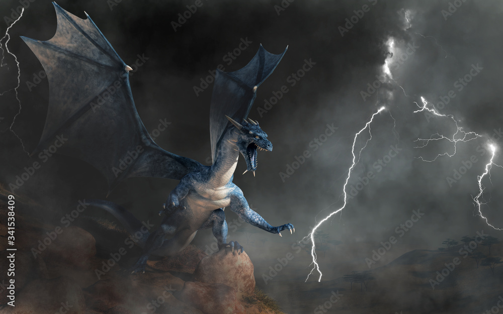 A Blue Dragon A Beast Of Myth And Legend Scaly And Serpentine With Bat Like Wings Blues Are Known For Spitting Lightning On A Cliff In A Storm 3d Rendering Stock イラスト A Blue Dragon A Beast Of Myth And Legend Scaly And Serpentine With Bat Like Wings Blues Are Known For Spitting Lightning On A Cliff In A Storm 3d Rendering Stock イラスト