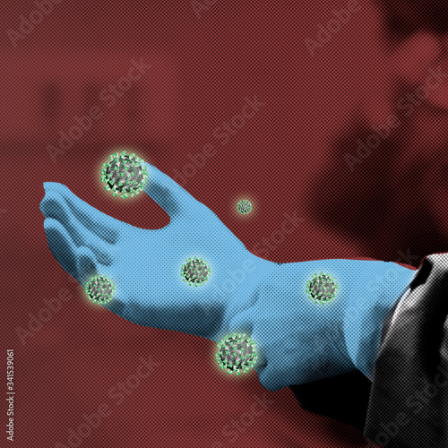 Quadro em tela Doctors gloved hand contaminated with coronavirus background