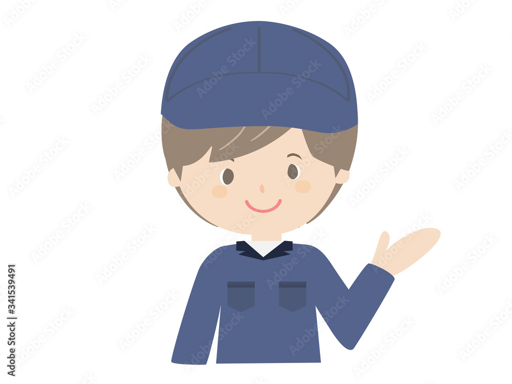 A man in work clothes guiding with a smile. A man in work clothes guiding with a smile.