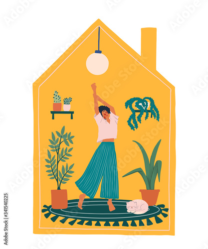 Concept of Stay home, stay happy and enjoying life. Vector illustration of woman that dancing, doing exercise, listen to music in social distancing period during quarantine. Cute modern house interior