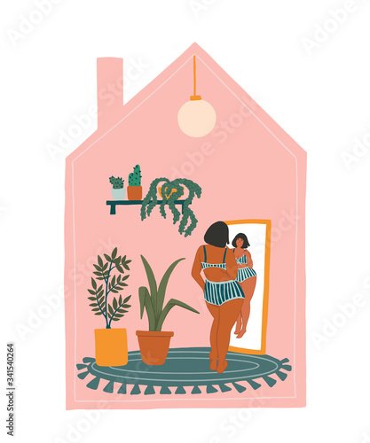 Stay home, stay happy, enjoying life and Body positive concept. Vector illustration of plus size woman looks at herself in a mirror. Overweight girl in social distancing period during quarantin