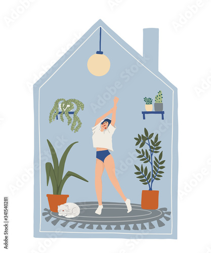 Concept of Stay home, stay happy and enjoying life. Vector illustration of woman that dancing, doing exercise, listen to music in social distancing period during quarantine. Cute modern house interior