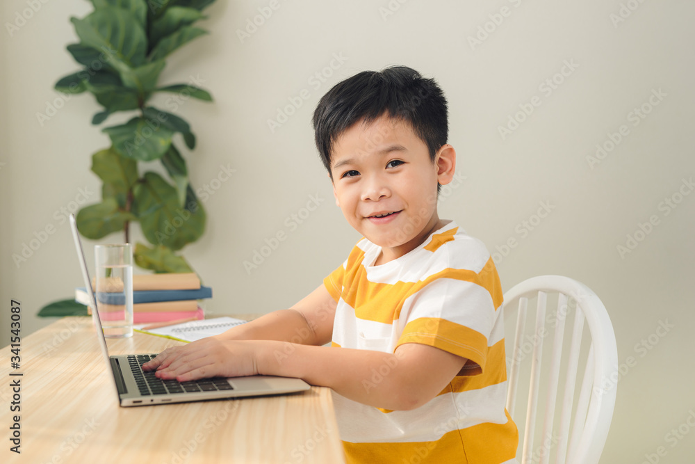 Smart looking Asian preteen boy writing and using computer laptop studying online lessons.