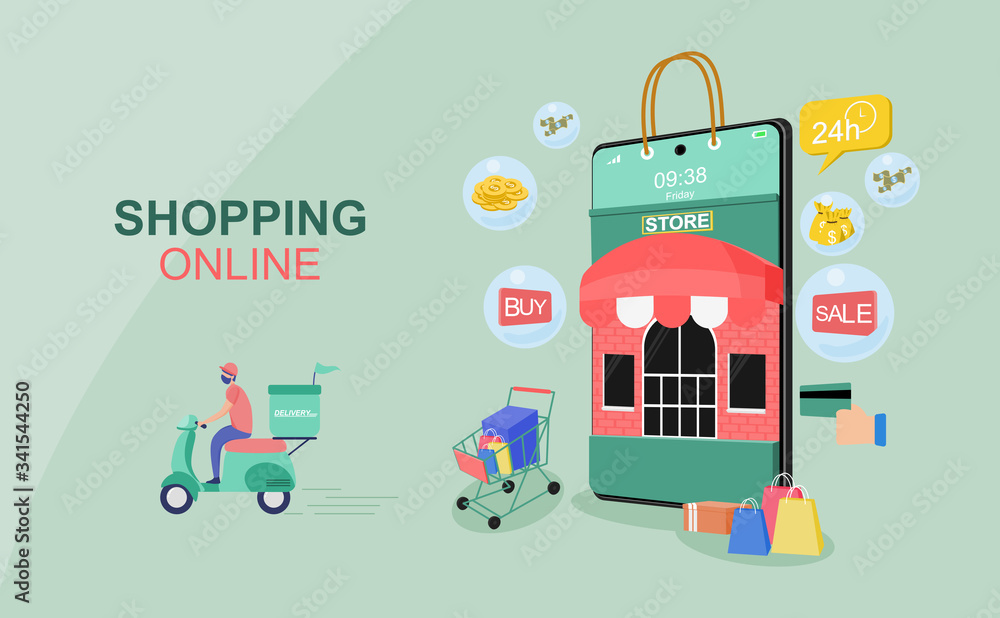 Fototapeta premium Sale shopping online concept for flat design, online trading for web page, website, template and background, vector illustration about shopping online