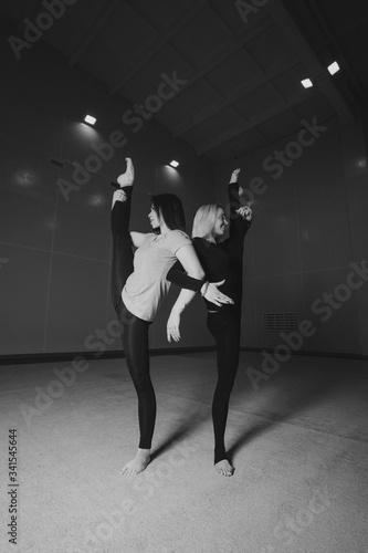 The women sat down on the twine. classes in the fitness club. the two girl is engaged in recreational gymnastics. sports exercises and stretching: athletics © aaalll3110