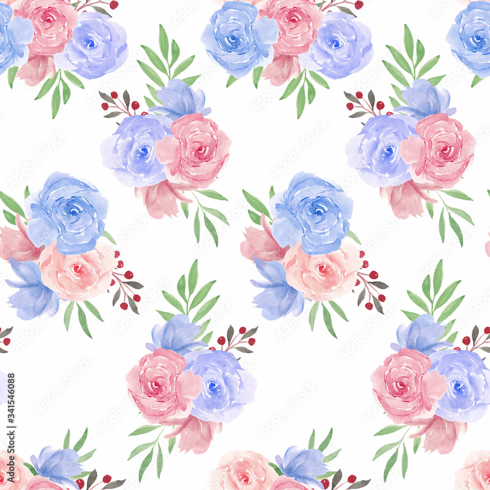 Seamless pattern with watercolor pink blue rose flower