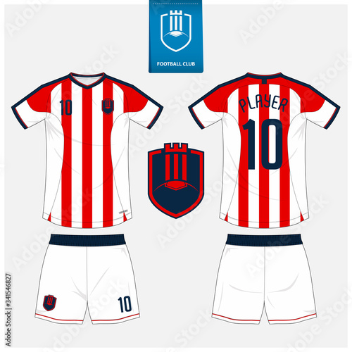 Soccer jersey or football kit mockup template design for sport club. Football t-shirt sport, shorts mock up. Soccer uniform in front view, back view . Football logo in flat design. Vector Illustration