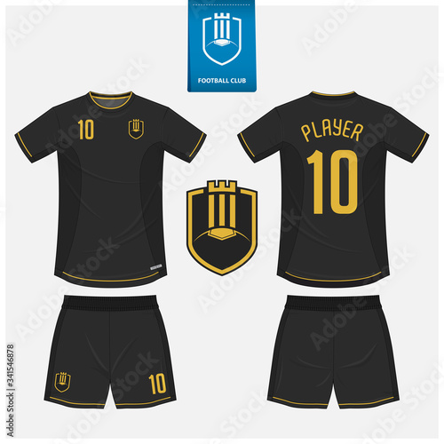 Soccer jersey or football kit mockup template design for sport club. Football t-shirt sport, shorts mock up. Soccer uniform in front view, back view . Football logo in flat design. Vector Illustration