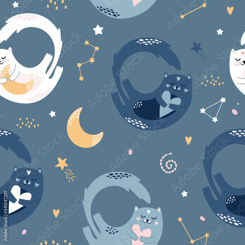 Cute childish pattern with cats at night.