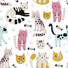 Acrylglasbilder Katzenmuster Süße Katzen im kindlichen Mustermix  © Кристина Тутанова