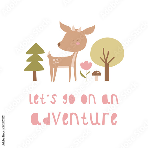 Cute cartoon deer in the forest in scandinavian style.