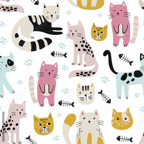 Seamless childish pattern with cute cats .