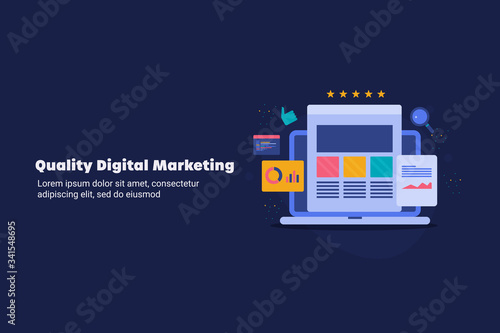 Digital marketing, quality content for customer engagement concept. Flat design web banner with text.