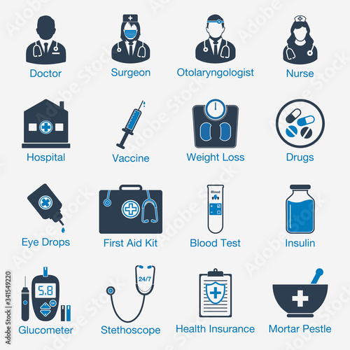 Medical related Icons with Doctor, Surgeon, Nurse, Hospital, Vaccine, Drugs, Weight Scale, Eye Drop, Insulin, Blood Test, First Aid Kit, Insurance,  Sign. 