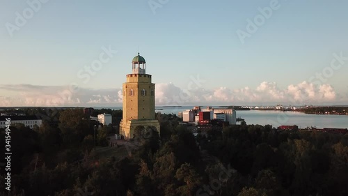 4K Kotka Baltic Sea Finnish Bay lagoon summer morning Haukkavuori Tower aerial video, Kotka port and town over calm water channel in Finland-Suomi, northern Europe photo