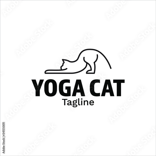 Cat Yoga Stretching Logo One Line Outline Monoline Vector