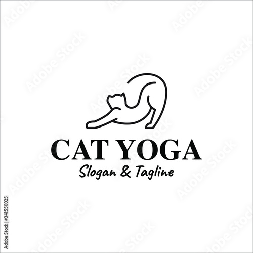 Cat Yoga Stretching Logo One Line Outline Monoline Vector