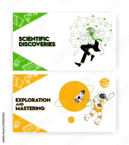Scientific research and outer space exploration concept illustration. Crazy scientist, astronaut in open space, science discovery. Vector web site design template. Landing page website illustration.