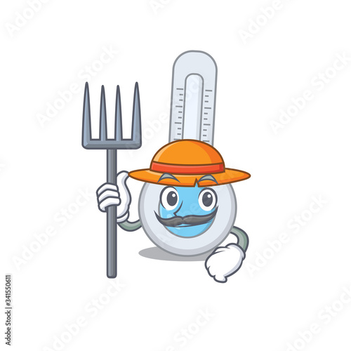 Cartoon character design of cold thermometer as a Farmer with hat and pitchfork