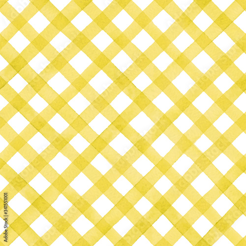 watercolor diagonal yellow checkered ; vector, seamless pattern, hand painting