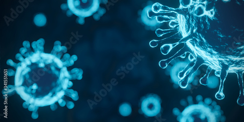 Coronavirus microscope 3D virus illustration dark blue background with copy space.