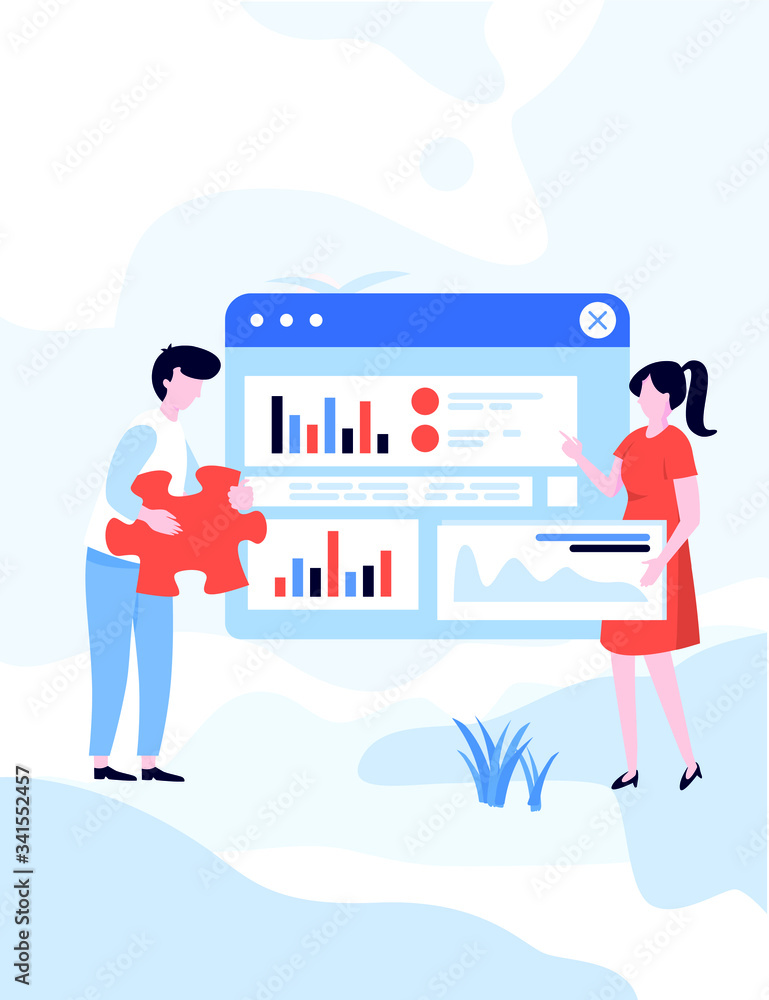 In front of the big screen for data analysis. Support team illustration for business company profile concept on landing page In front of the big screen for data analysis. Support team illustration for business company profile concept on landing page